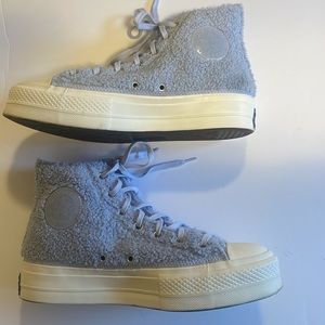 Baby blue Sherpa converse high tops.